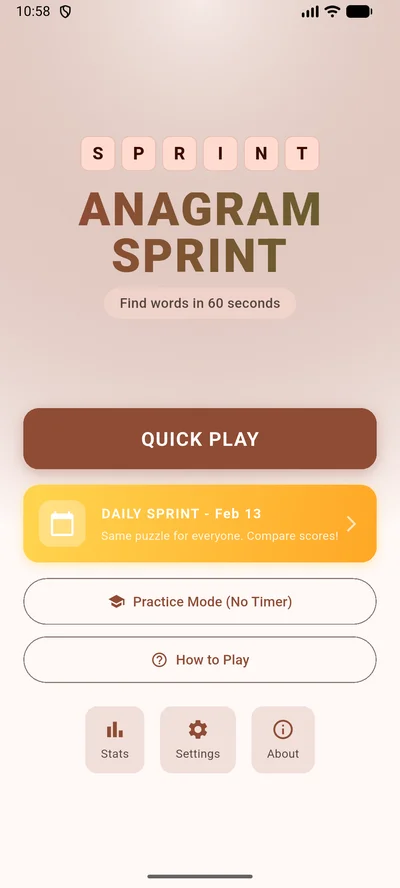 Anagram Sprint home screen with Quick Play, Daily Sprint, and Practice Mode options