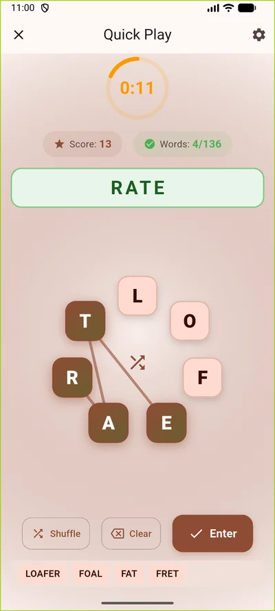 Active gameplay showing letter circle with timer, score multiplier, and found words