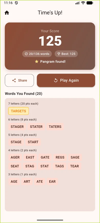 Results screen showing score breakdown, pangram found badge, and all words discovered