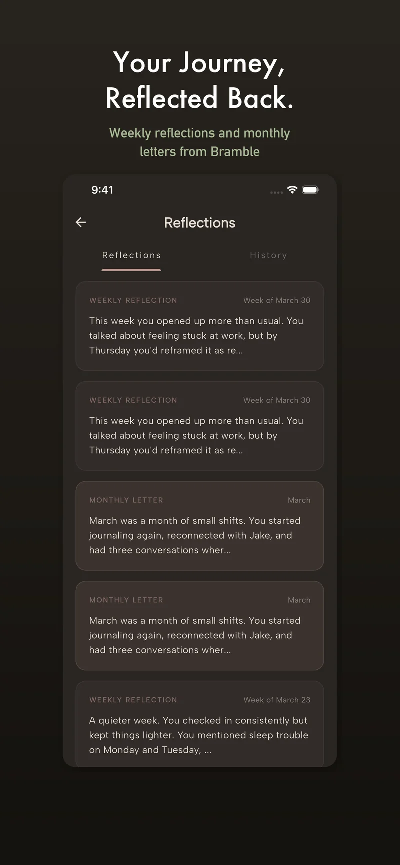 Reflections archive showing weekly reflections and monthly personal letters from Bramble