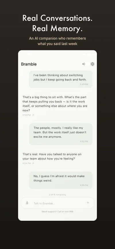 Bramble chat screen showing a real conversation about switching jobs with thoughtful follow-up questions