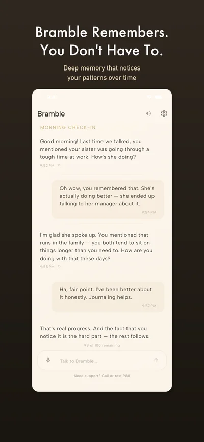 Bramble remembering details from previous conversations and following up on your sister
