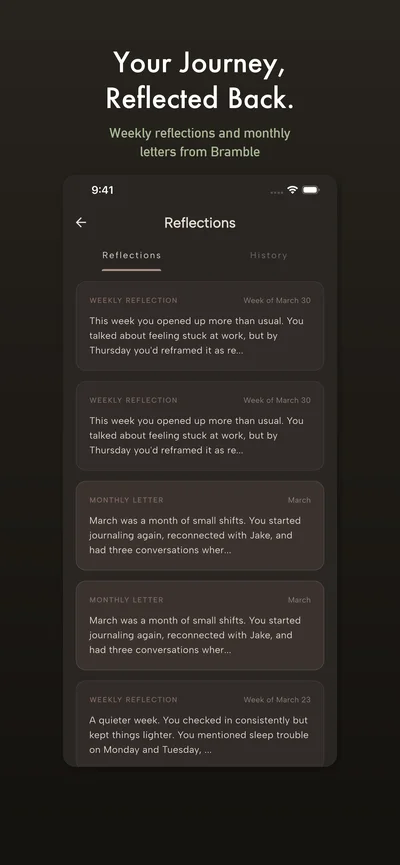 Reflections archive showing weekly reflections and monthly personal letters from Bramble