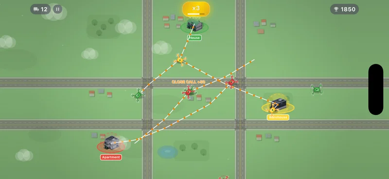 Drone Dispatch gameplay on Suburbs map showing color-coded drones following drawn flight paths to matching buildings with x3 combo active