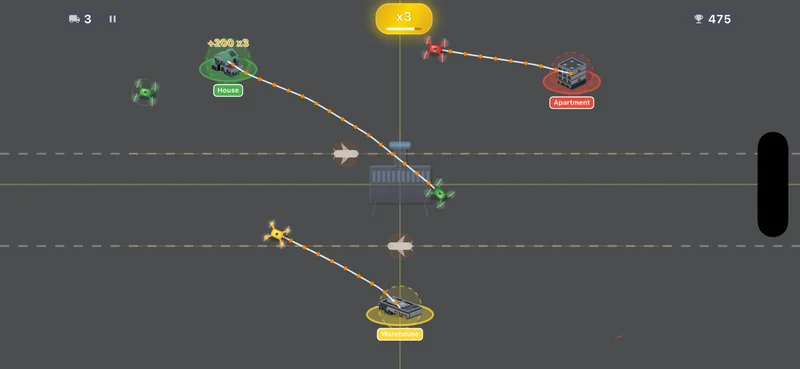 Airport Zone map with commercial jets crossing lanes while drones navigate around them to reach buildings