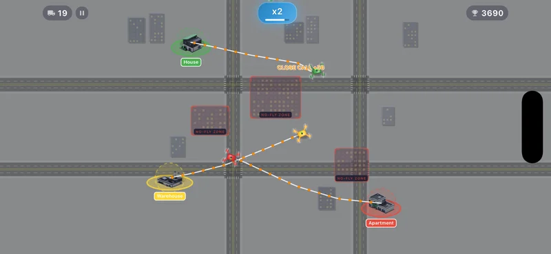 Downtown map gameplay with no-fly zones blocking drone paths through tall building areas while multiple drones navigate the city