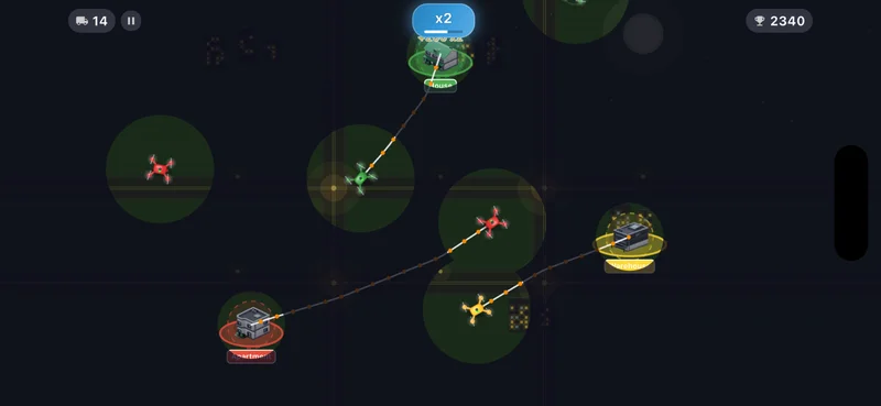 Night Shift map with fog of war limiting visibility, drones visible only within illuminated circles around buildings and flight paths