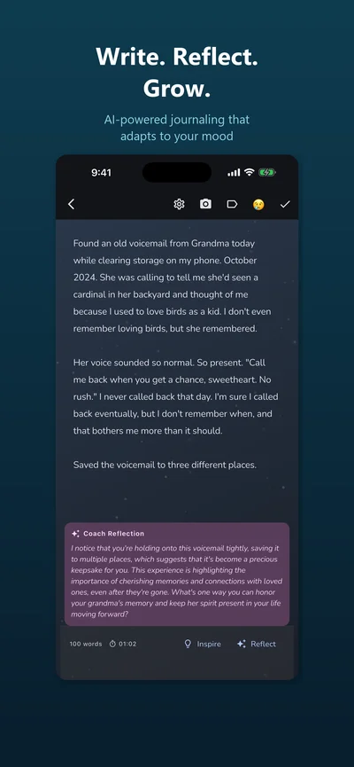 Vibe Journal editor showing a journal entry with an AI Coach Reflection offering thoughtful feedback, with headline Write Reflect Grow