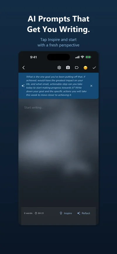 AI Inspire Me prompt from the Coach personality suggesting a thought-provoking writing question on a dark Midnight Ink background