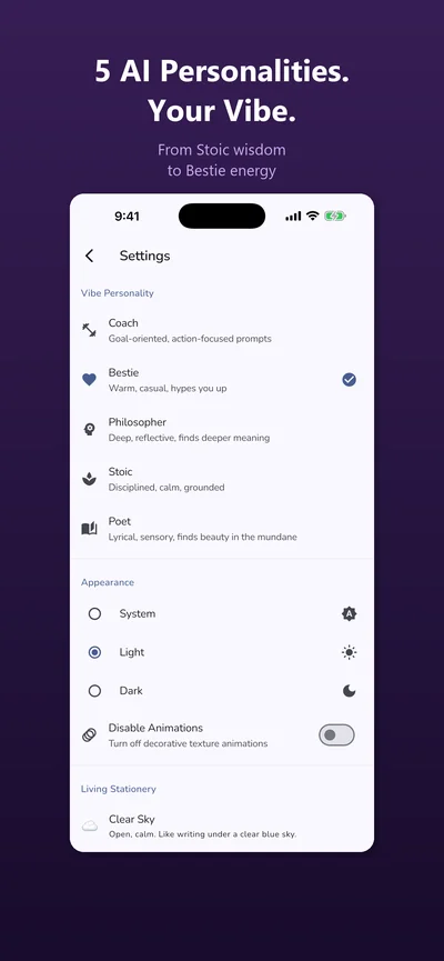 Settings screen showing all 10 AI personalities: Coach, Bestie, Philosopher, Stoic, and Poet with descriptions
