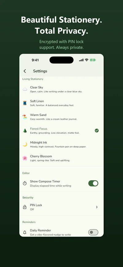 Settings screen showing 6 Living Stationery themes, compose timer toggle, PIN lock, and daily reminder options
