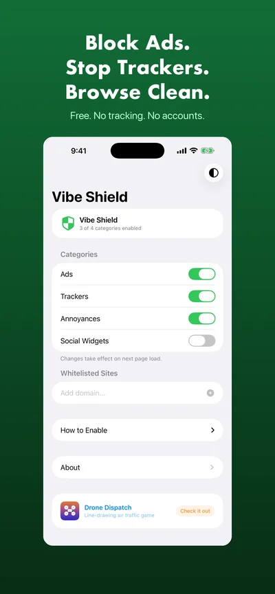 Vibe Shield main screen showing blocking categories enabled: Ads, Trackers, Annoyances, and Social Widgets with toggle switches
