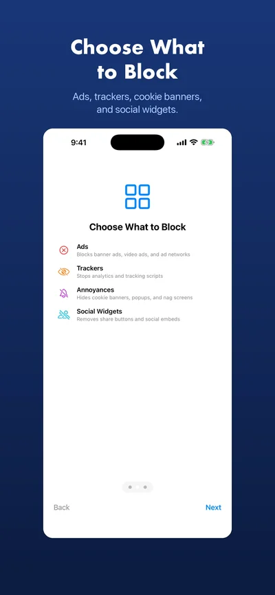 Vibe Shield onboarding showing the four blocking categories with descriptions: Ads, Trackers, Annoyances, and Social Widgets