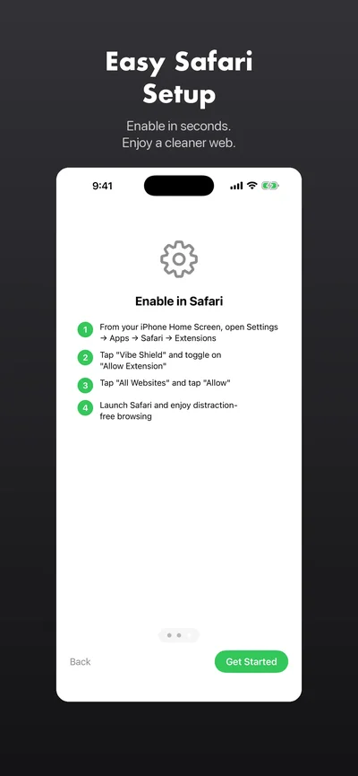 Vibe Shield setup instructions showing how to enable the Safari extension in iOS Settings