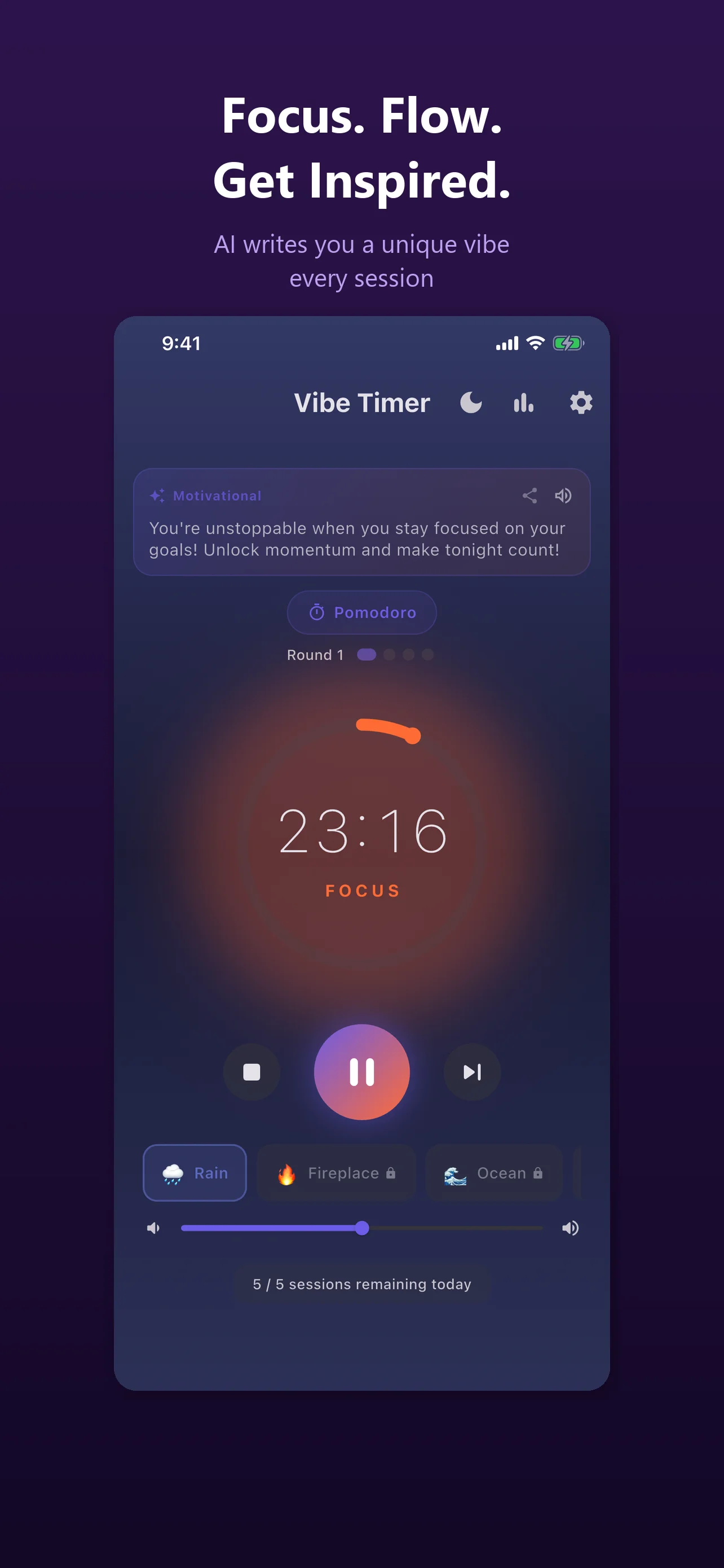 Focus Flow composite showing Vibe Timer in a 25-minute Pomodoro session with Motivational AI encouragement, ambient sound chips, and session counter