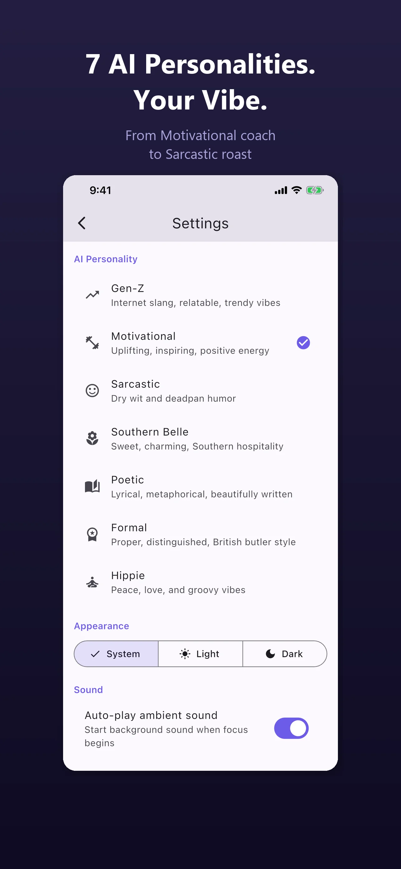Settings screen showing all 10 AI personalities: Gen-Z, Motivational, Sarcastic, Southern Belle, Poetic, Formal, and Hippie with descriptions