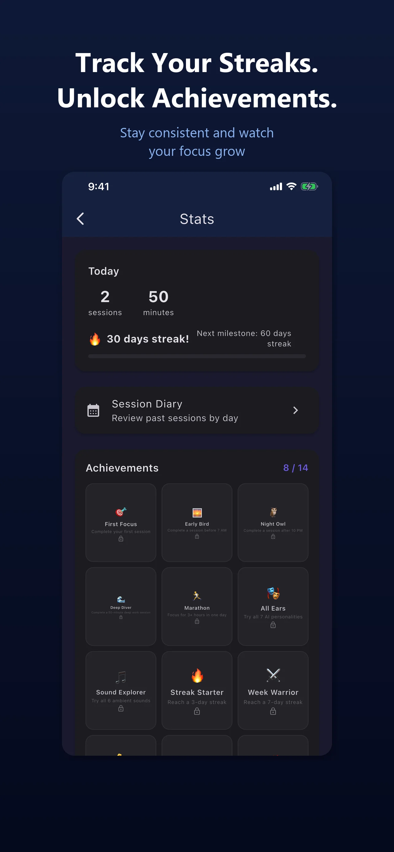 Stats screen with today's sessions, 30-day streak milestone, session diary link, and 8 of 14 unlocked achievements