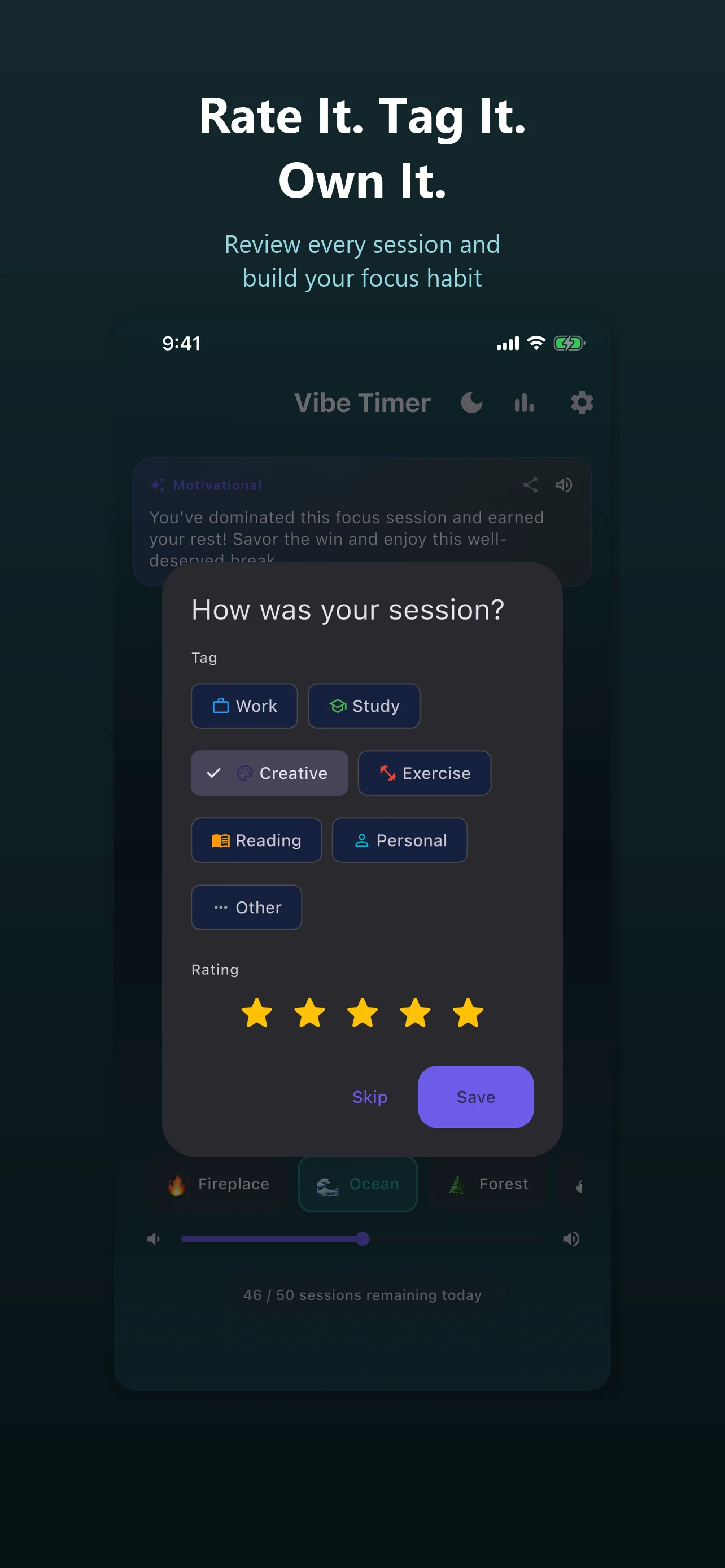 Post-session review screen with tag selection (Work, Study, Creative, Exercise, Reading, Personal) and 5-star rating
