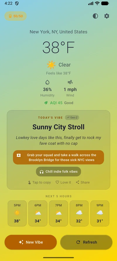 AI weather commentary in Gen-Z personality style with location-aware references to Brooklyn Bridge