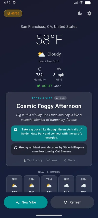 Dark mode weather display with Hippie personality and San Francisco fog commentary