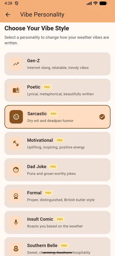 Personality selection screen showing 10 AI styles including Sarcastic, Motivational, and Dad Joke