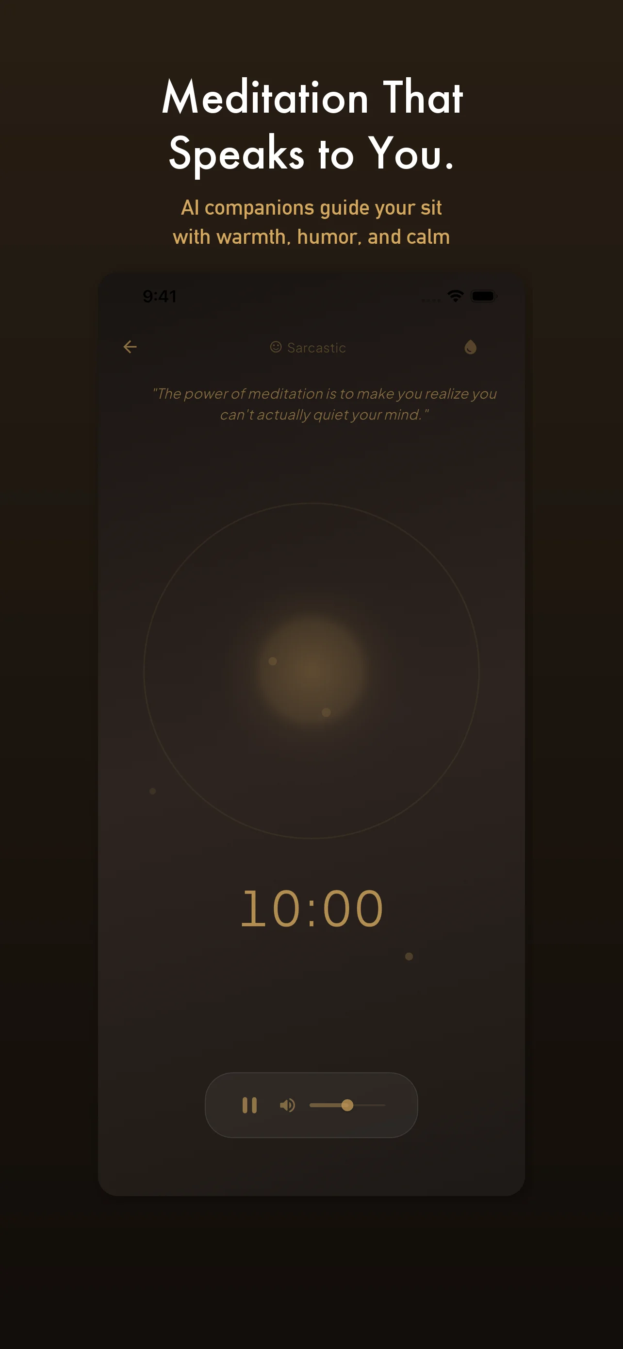 Guided meditation session with warm organic visuals, breathing blob animation, ambient sounds, and AI personality companion