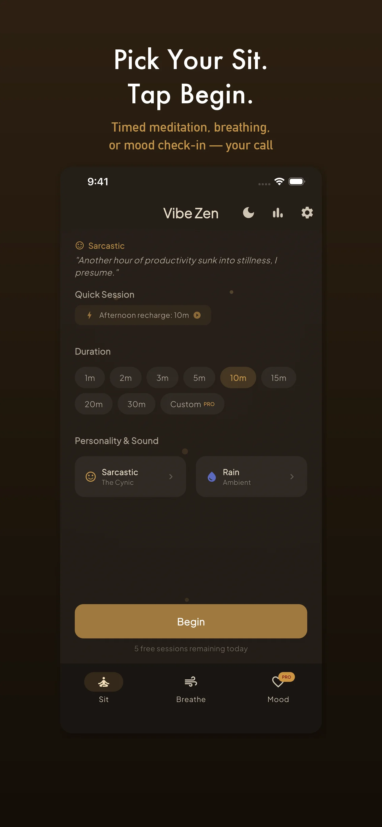Home screen with session types, personality selector, sound picker, and Begin button