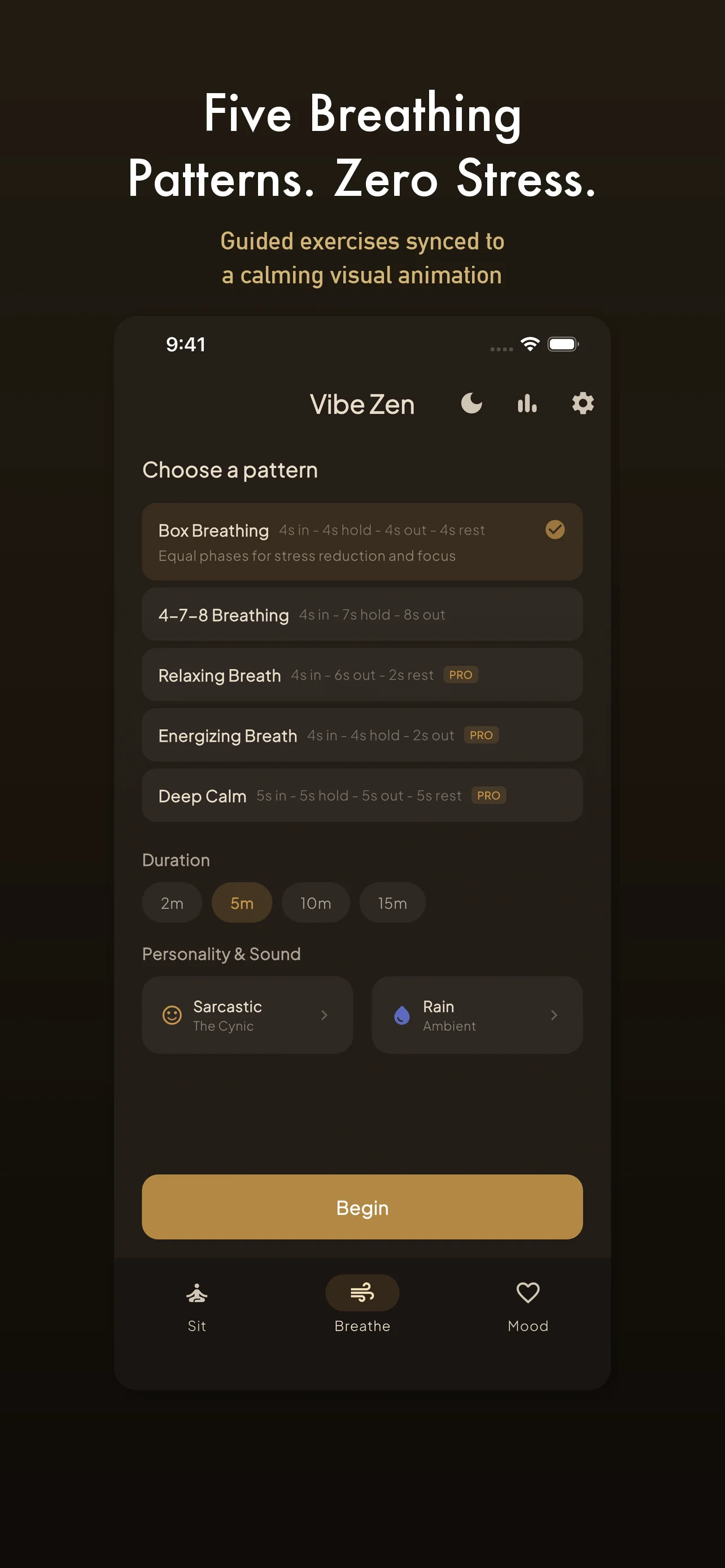 Guided breathing exercise with visual animation synced to inhale-hold-exhale phases