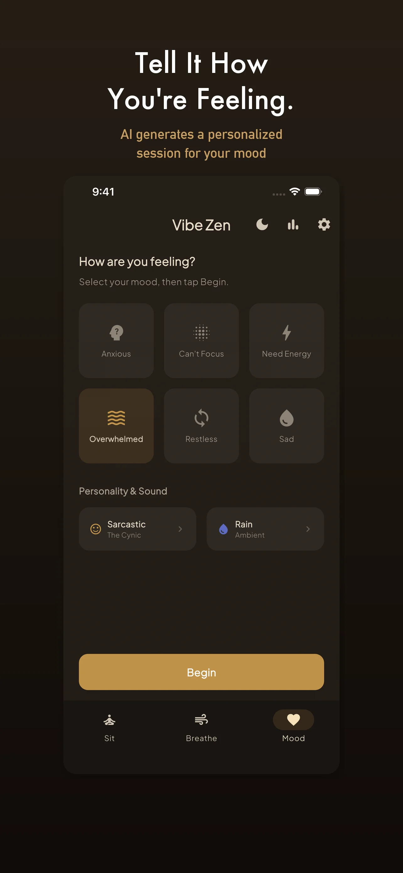 Mood check-in screen with six mood options for personalized AI meditation sessions