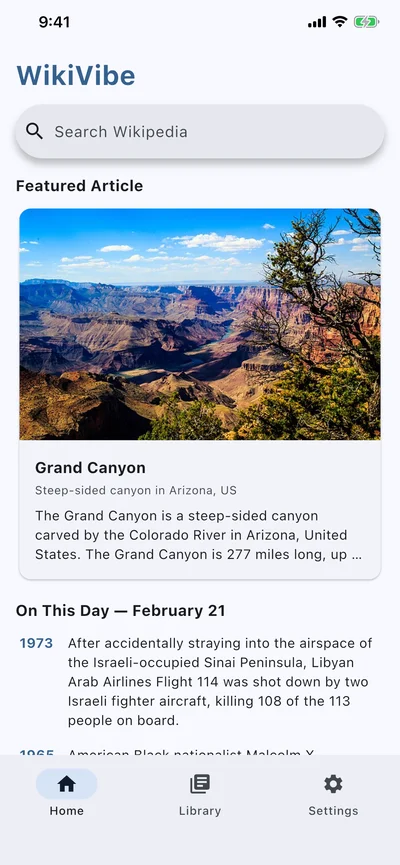 WikiVibe home screen showing Grand Canyon featured article, On This Day events, and search bar