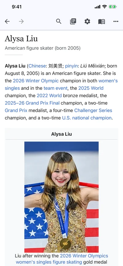 Wikipedia article about Alysa Liu displayed in clean light reading layout with photos