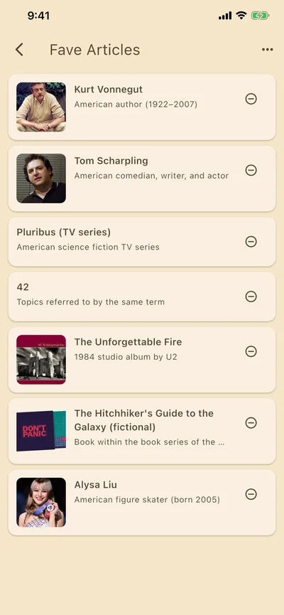 Reading list library showing saved articles with thumbnails in sepia theme