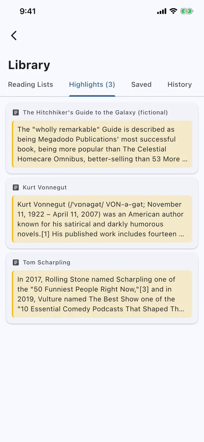 Library highlights tab showing saved passages from Wikipedia articles with yellow highlight markers